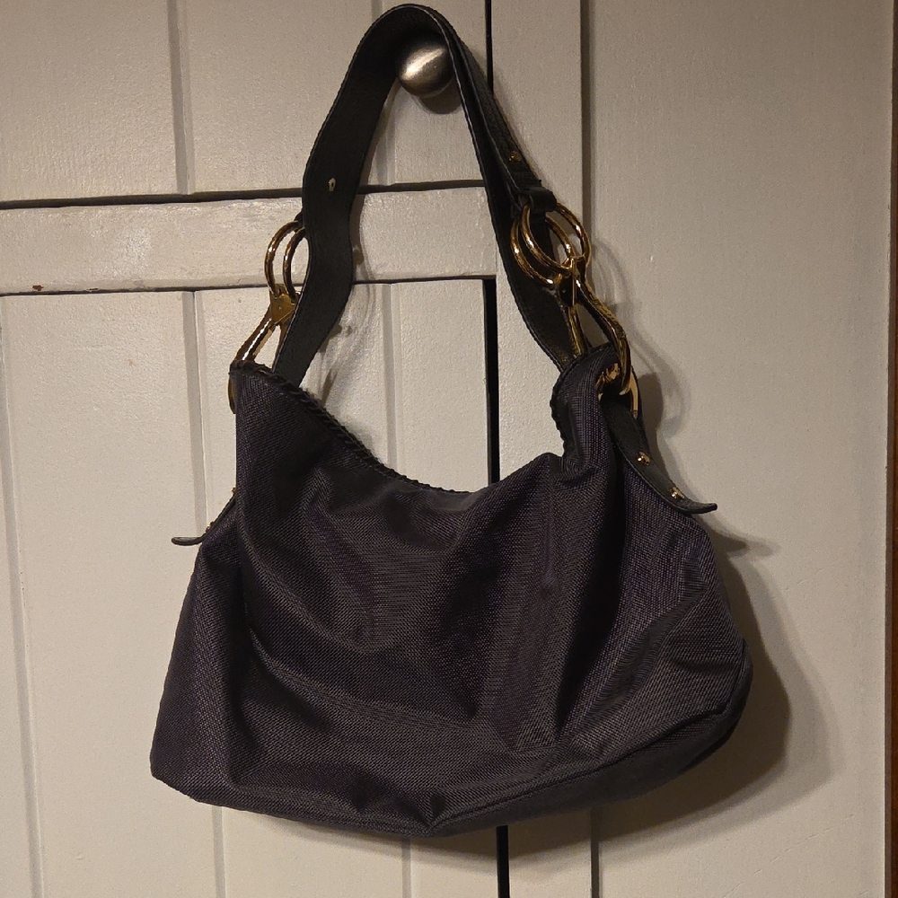 JPK Paris Bag; Elegant Gray/Black Shoulder Bag with Gold Details.